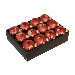 Douze boules de Noël rouges brillantes ornées d'étoiles et de motifs dorés dans une boîte no...