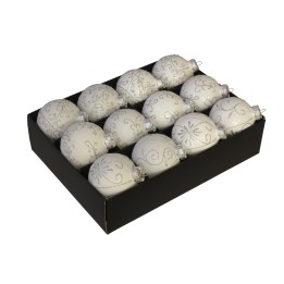 Douze boules de Noël blanches ornées de motifs argentés dans une boîte noire.