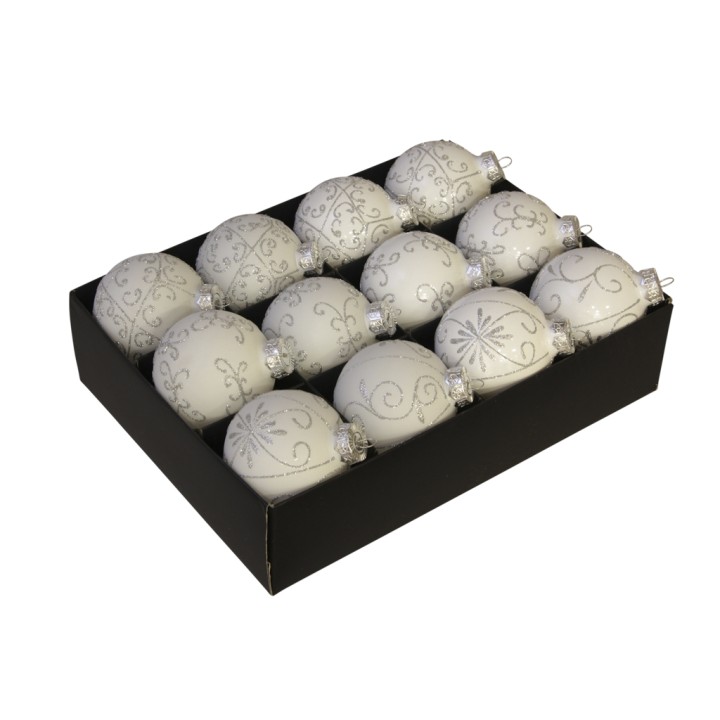 Douze boules de Noël blanches ornées de motifs argentés dans une boîte noire.