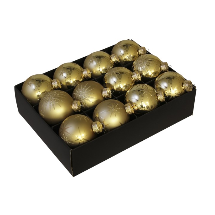 Douze boules de Noël dorées, brillantes, dans une boîte noire élégante.