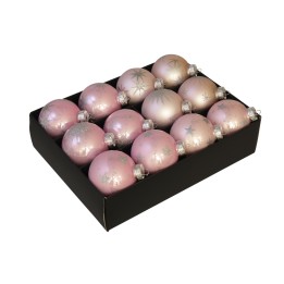 Douze boules de Noël roses et dorées, ornées d'étoiles, présentées dans une boîte noire.