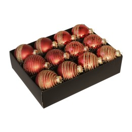 Douze boules de Noël rouges et dorées, élégamment disposées dans une boîte noire.