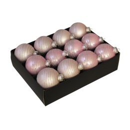 Douze boules de Noël aux teintes roses et argentées, dans une boîte noire élégante.