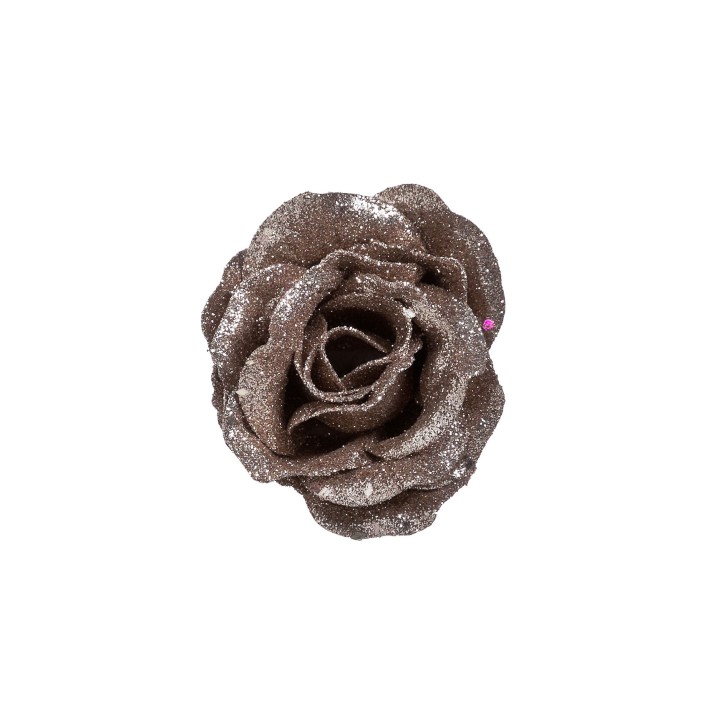 Rose en tissu brun scintillant, aux pétales délicatement superposés.