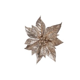 Fleur dorée scintillante aux pétales larges et brillants sur fond blanc.
