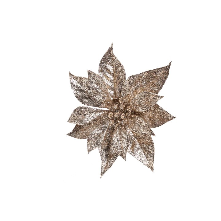 Fleur dorée scintillante aux pétales larges et brillants sur fond blanc.