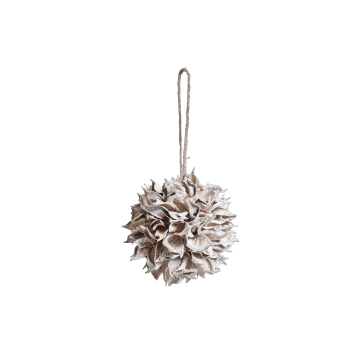 Boule décorative en forme de fleur, teintes naturelles, texture organique, suspendue.