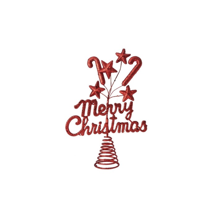 Étoile de Noël rouge scintillante avec bonbons et texte festif en spirale.