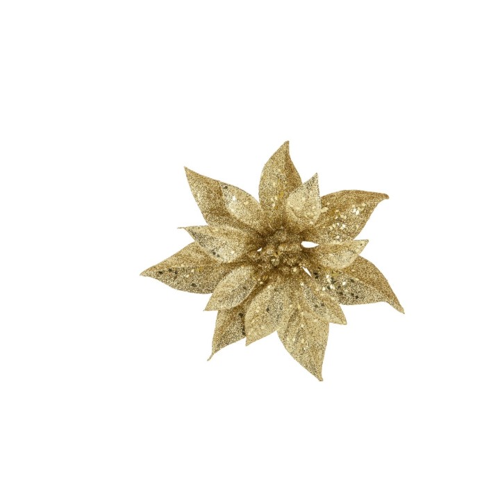 Fleur dorée scintillante aux pétales brillants, sur fond blanc épuré.
