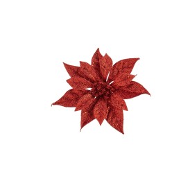 Fleur rouge scintillante aux pétales en forme d’étoile, éclatante de brillance.
