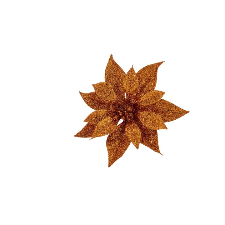 Fleur dorée brillante avec des pétales scintillants sur fond blanc.
