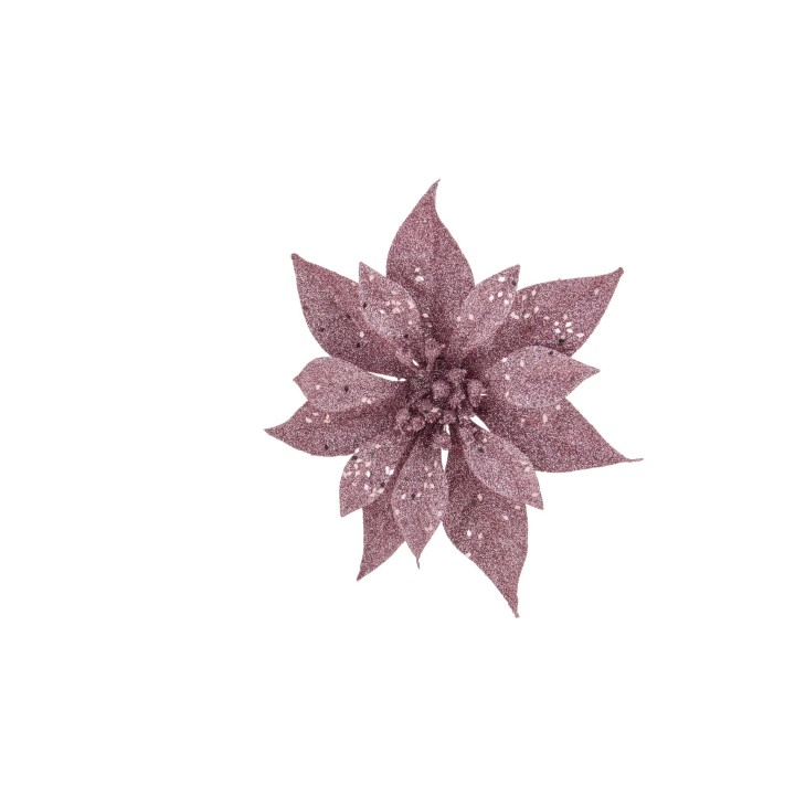 Fleur scintillante aux pétales rose pâle, ornée de détails brillants sur fond blanc.