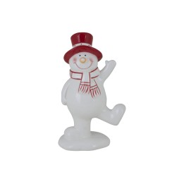 Bonhomme de neige souriant en céramique, chapeau rouge et écharpe blanche, joyeux et festif.