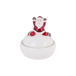 Petit pot décoratif blanc avec un père Noël enjoué en rouge et gris sur le couvercle.