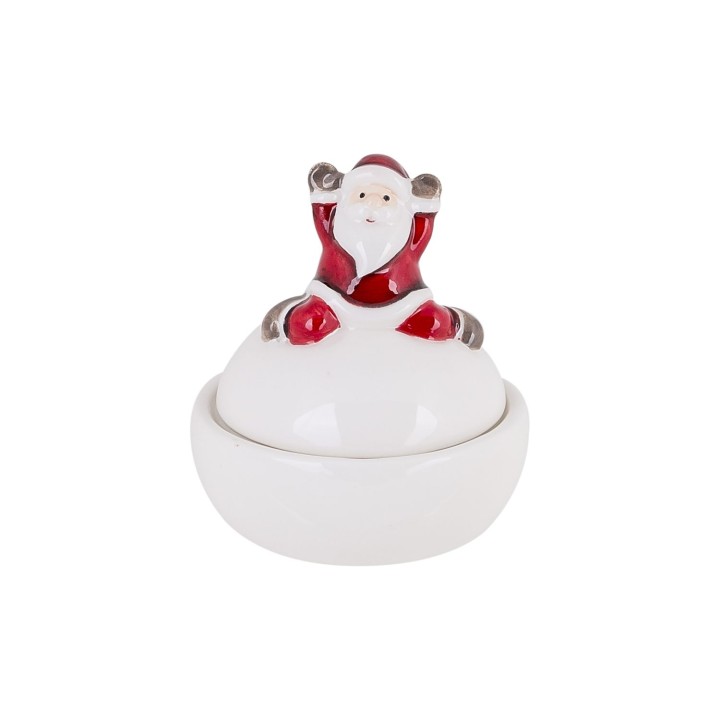 Petit pot décoratif blanc avec un père Noël enjoué en rouge et gris sur le couvercle.