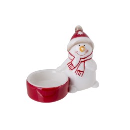 Bonhomme de neige en céramique, rouge et blanc, avec écharpe et bonnet.