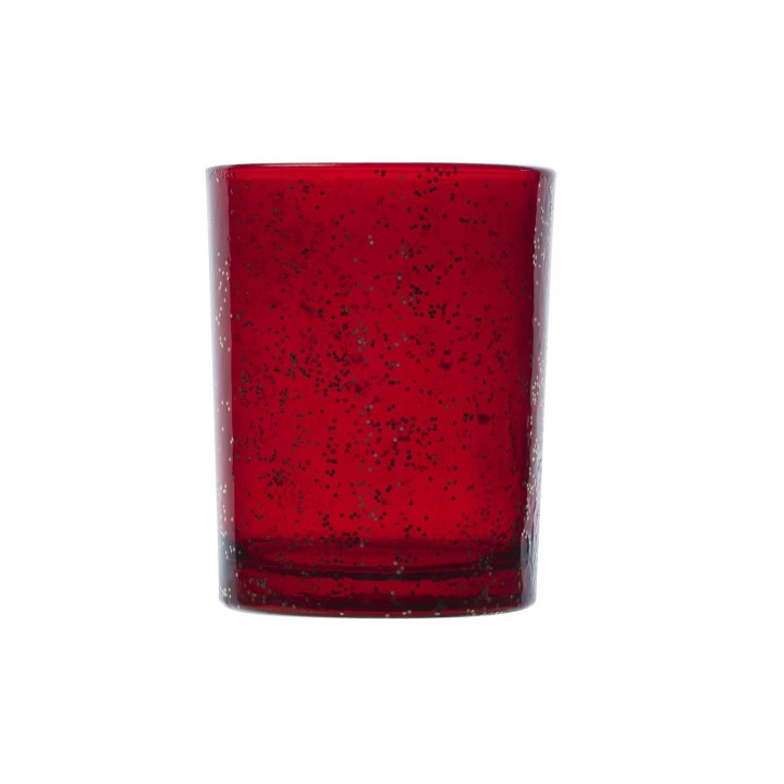 Verre rouge translucide parsemé de paillettes argentées, élégant et scintillant.