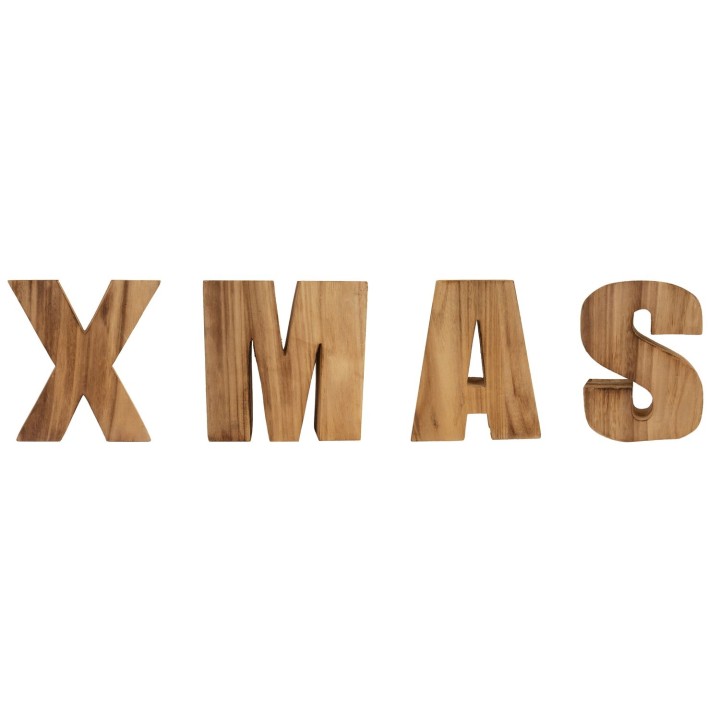 Lettres en bois sculptées formant "XMAS", avec une finition naturelle et chaleureuse.
