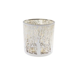 Vase en métal blanc aux motifs d'arbres découpés, intérieur doré brillant.