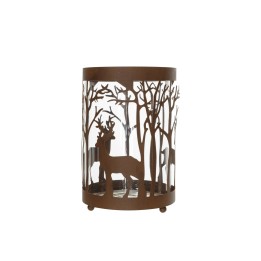 Lanterne en métal découpé, motifs d'arbres et cerfs, verre transparent, style rustique.