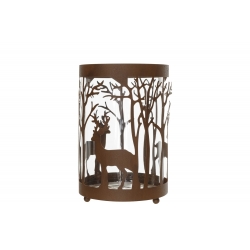 Lanterne en métal découpé, motifs d'arbres et cerfs, verre transparent, style rustique.