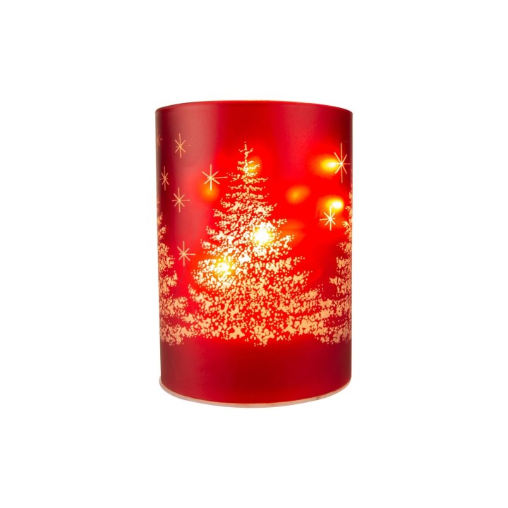 Lanterne rouge illuminée, ornée d'arbres enneigés et de flocons scintillants.