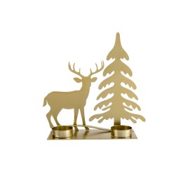 Support en métal doré avec un cerf et un sapin, deux bougeoirs intégrés.