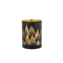 Vase noir décoré d'arbres dorés, intérieur brillant, élégant et festif.
