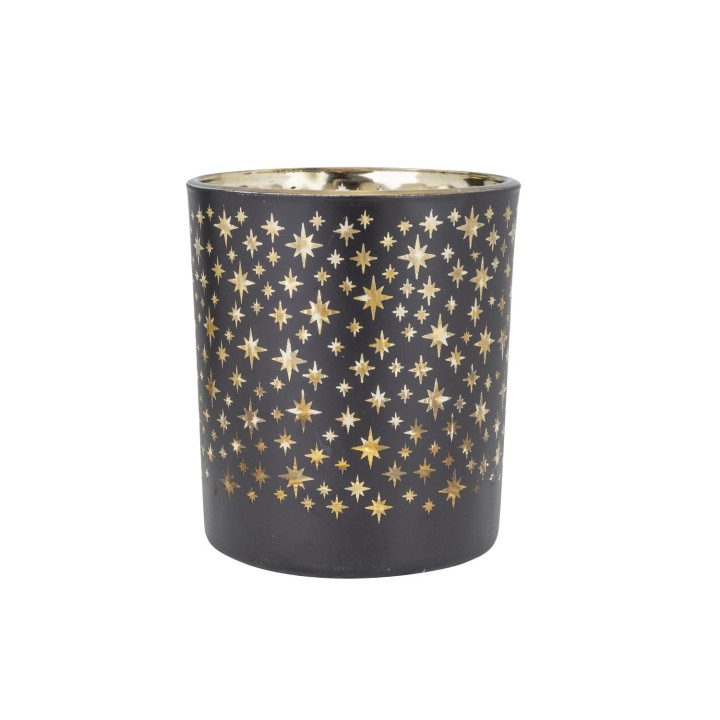 Vase noir orné d'étoiles dorées, créant un effet lumineux et élégant.
