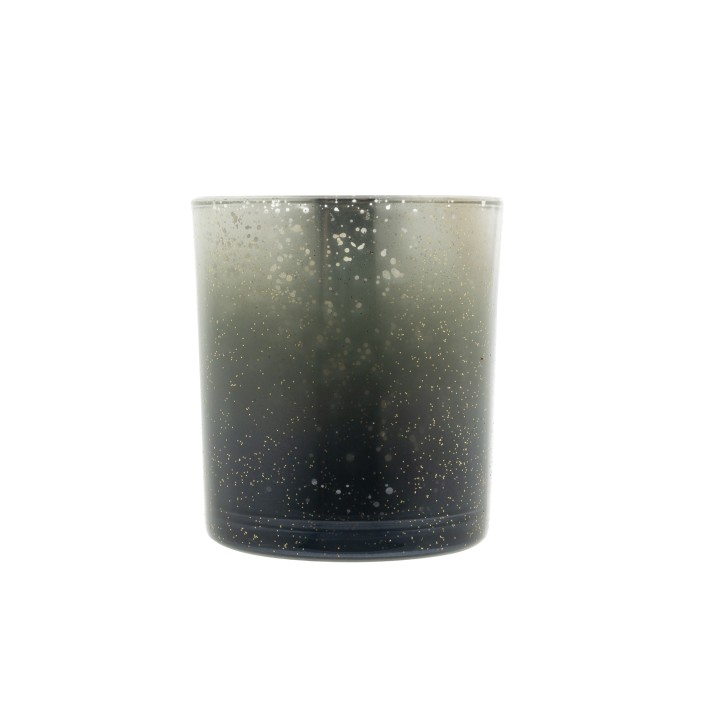 Vase en verre ombragé, noir et transparent, parsemé de petites bulles lumineuses.