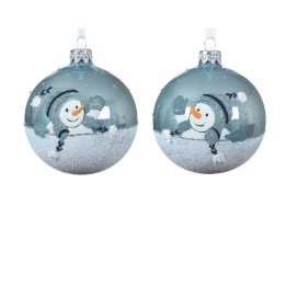 Boules de Noël en verre, décorées d'un bonhomme de neige et de flocons, teintes grises et arge...
