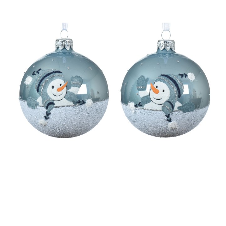 Boules de Noël en verre, décorées d'un bonhomme de neige et de flocons, teintes grises et arge...