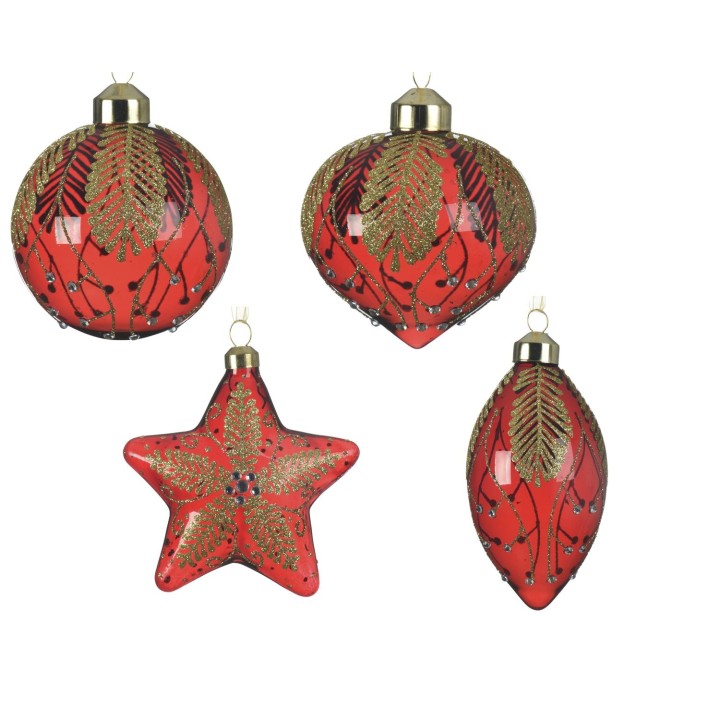Ornements de Noël rouges, ornés de dorures et de motifs festifs, en diverses formes.