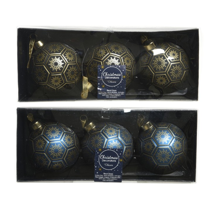 Boules de Noël élégantes, noires et dorées, ornées de motifs géométriques et flocons.