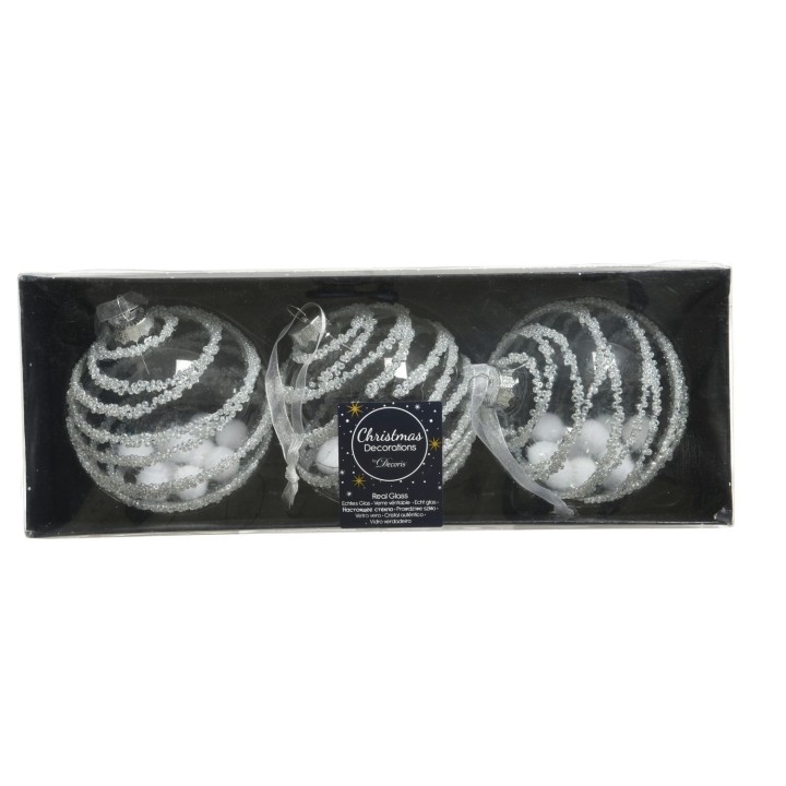 Trois boules de Noël argentées avec des motifs en spirale et un emballage élégant.