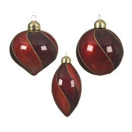 Boules de Noël rouges en verre brillant, ornées de spirales dorées.