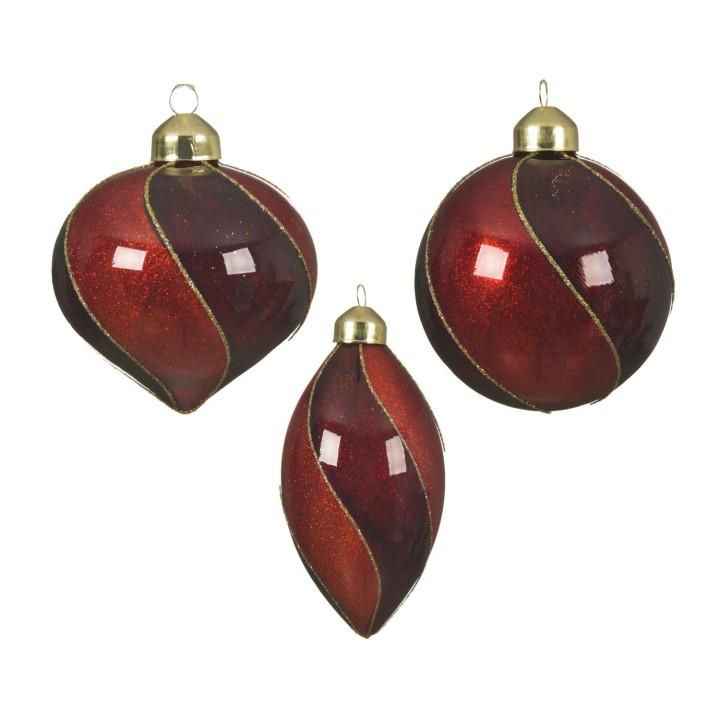 Boules de Noël rouges en verre brillant, ornées de spirales dorées.