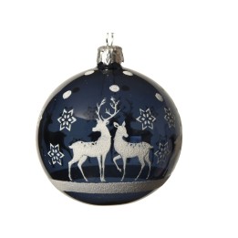 Boule de Noël bleu nuit ornée de cerfs et flocons argentés, élégante et festive.