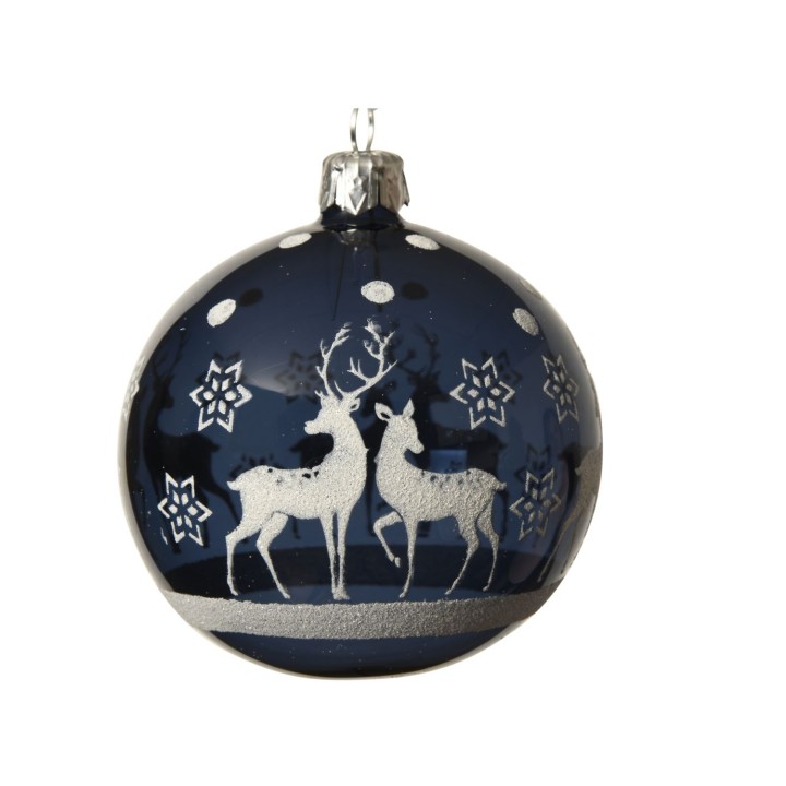 Boule de Noël bleu nuit ornée de cerfs et flocons argentés, élégante et festive.