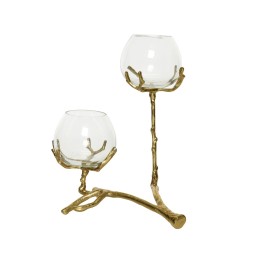 Support élégant en métal doré avec deux globes en verre, imitant des branches naturelles.