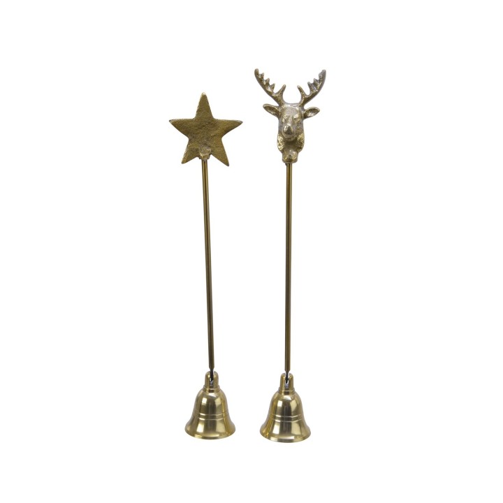 Deux cloches décoratives en métal, l'une avec une étoile, l'autre avec une tête de cerf.
