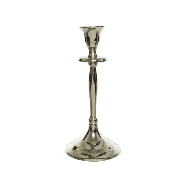 Bougeoir en métal brillant, au design élégant avec une base large et un style classique.