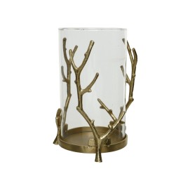 Vase en verre transparent, soutenu par une base dorée en forme de branches.