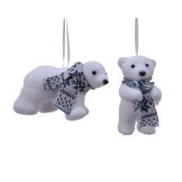Ours polaires en peluche, blancs, avec écharpes bleues et motifs de flocons de neige.
