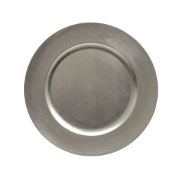 Assiette en métal argenté, circulaire, surface lisse et brillante, au design épuré.