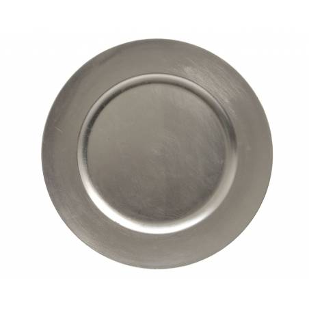 Assiette en métal argenté, circulaire, surface lisse et brillante, au design épuré.