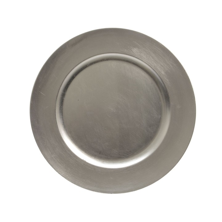 Assiette en métal argenté, circulaire, surface lisse et brillante, au design épuré.