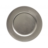 Assiette en métal argenté, circulaire, surface lisse et brillante, au design épuré.