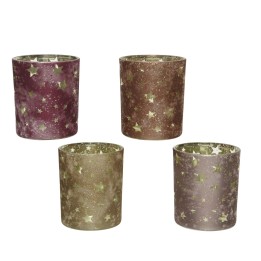Quatre photophores aux teintes pastel, ornés d'étoiles brillantes, créant une ambiance douce.