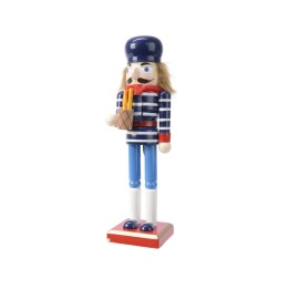 Un soldat en bois coloré, rayures bleues et blanches, tenant un cornet de friandises.